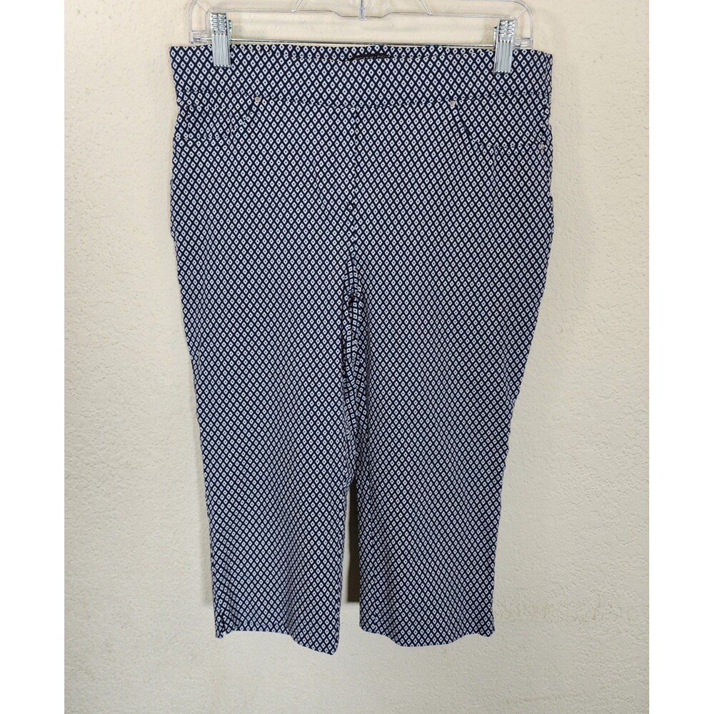 89th & Madison Petite Pants PM Navy Blue Geometric Diamond Pull On Stretch Crop